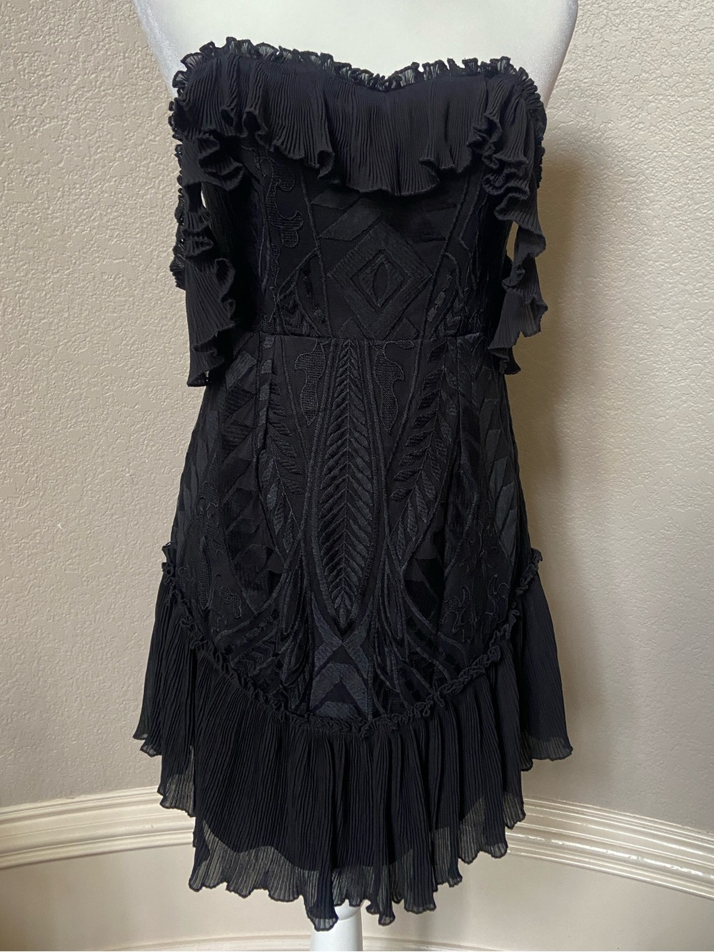 Black Ruffled and Lace Embroidered Fitted Dress. saints + secrets, size M